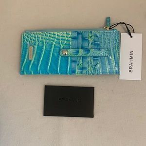 New Brahmin blue green leather credit card wallet. NWT. Cotton candy ombré.